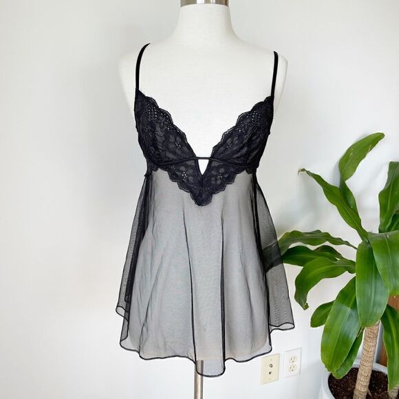 New Victoria’s Secret Chemise Babydoll Black Sheer Lace Small Sexy Deep Neck - Picture 2 of 10